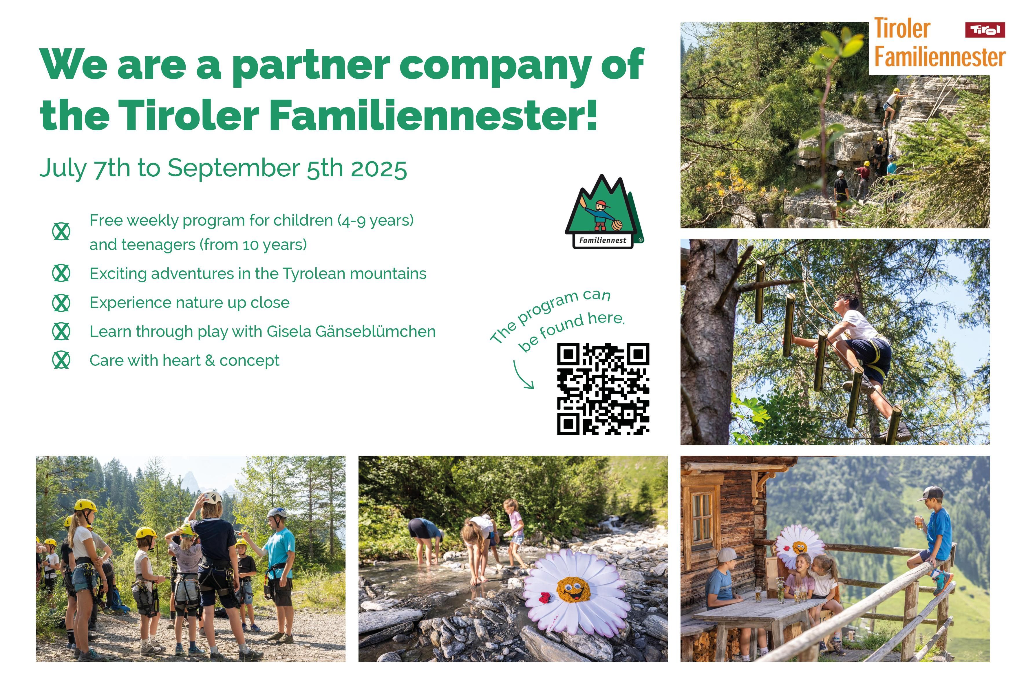 A poster advertising the Tyrolean Family Nest with information about a program for children and adolescents. It showcases activities in the Tyrolean mountains and includes a QR code for more details.