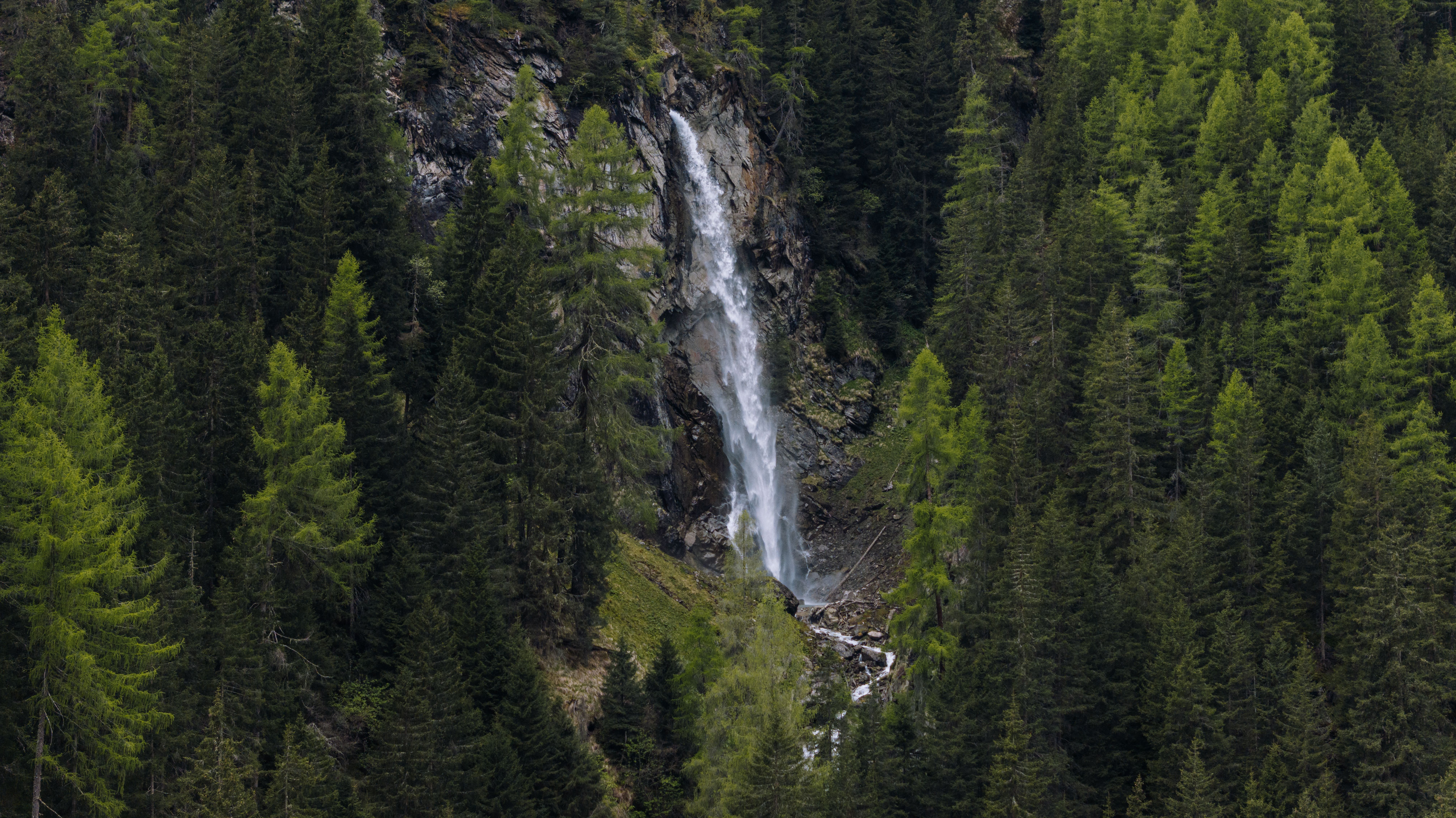 Wasserfall von oben im Bergwald