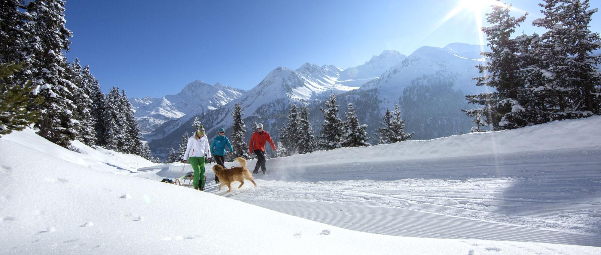 A winter landscape with snow-covered mountains. Two people and a dog are enjoying the snow in nature.