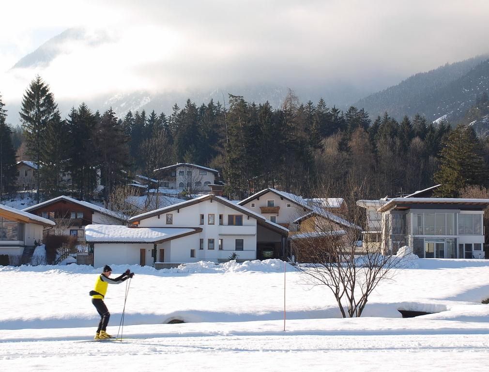 A cross-country skier is gliding over snow-covered landscapes. In the background, beautiful houses and mountains can be seen.