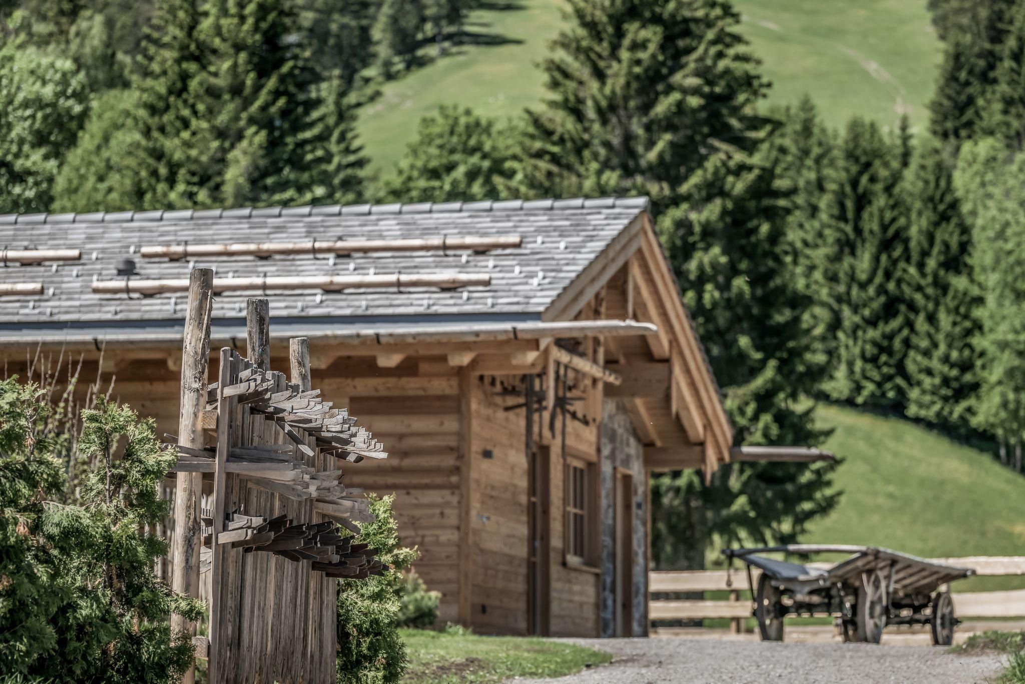 A traditional chalet surrounded by green trees. In the foreground, wooden frames and a wheelbarrow can be seen.