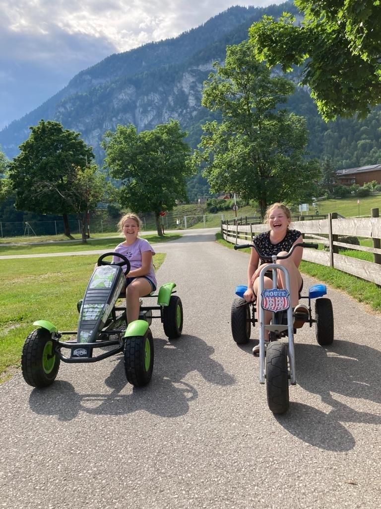 Two cheerful girls are riding on go-karts in a park. In the background, there are green trees and a beautiful mountain landscape.