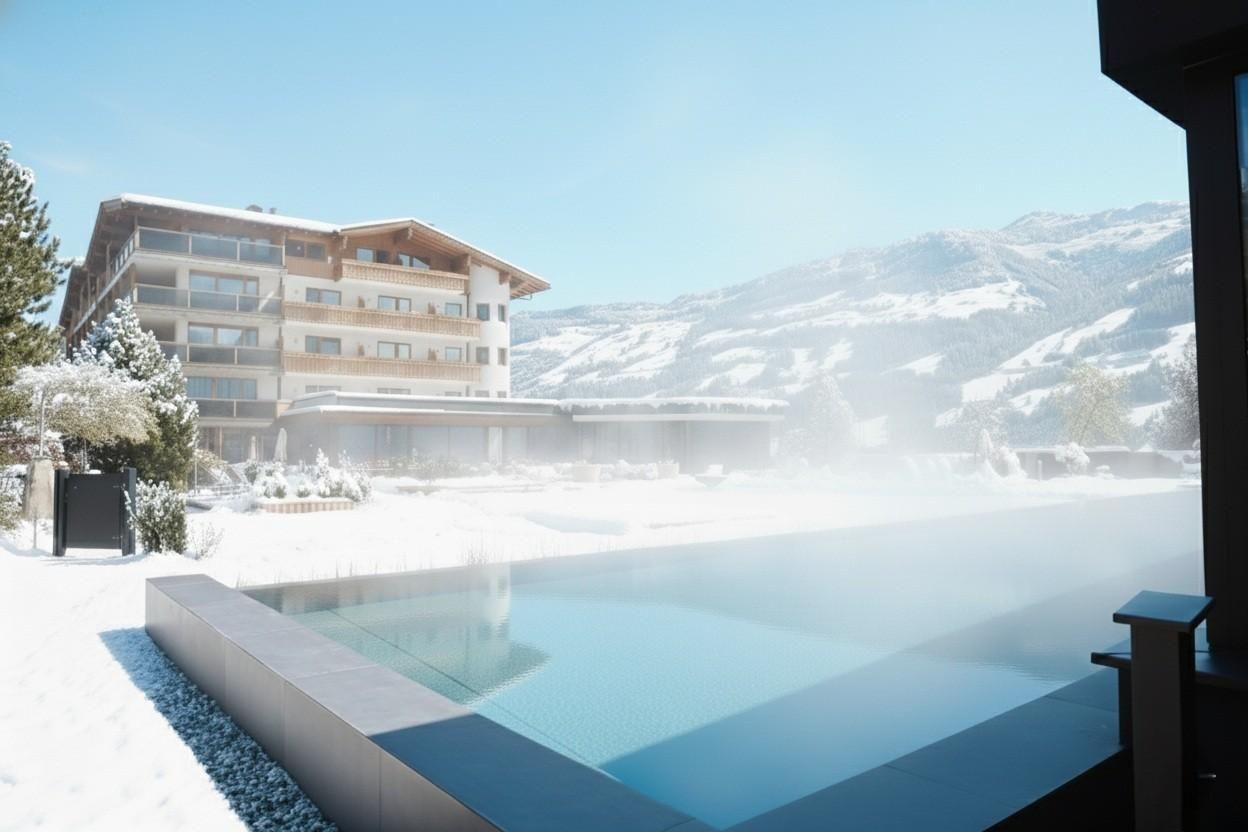 A modern hotel in the snowy mountains with an outdoor pool. The surroundings are filled with snow-covered trees and mountains.