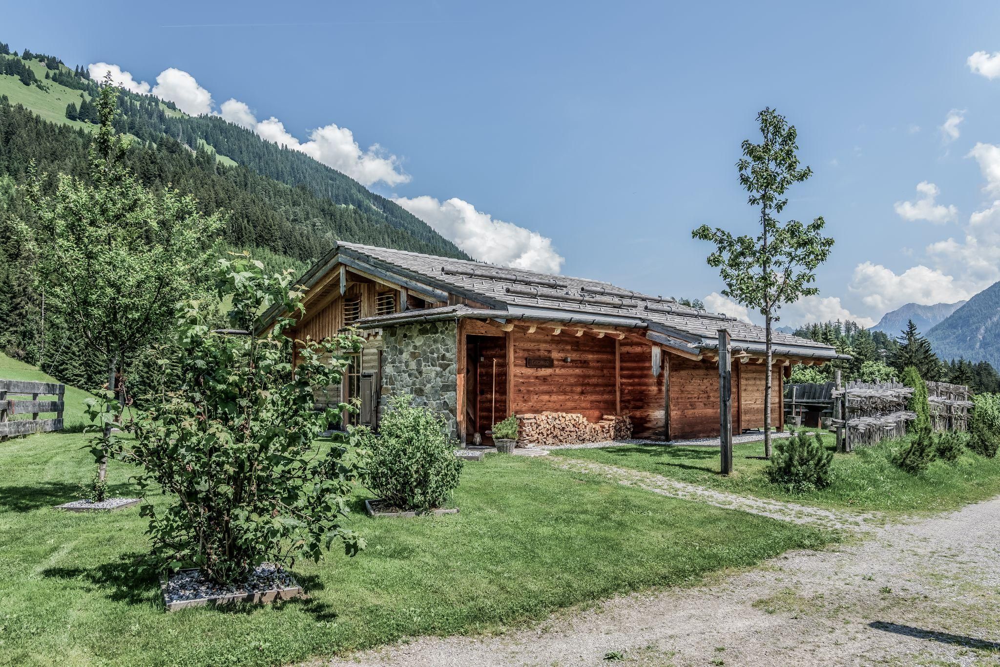 A modern chalet surrounded by green meadows and trees. In the background, gentle hills and a blue sky can be seen.
