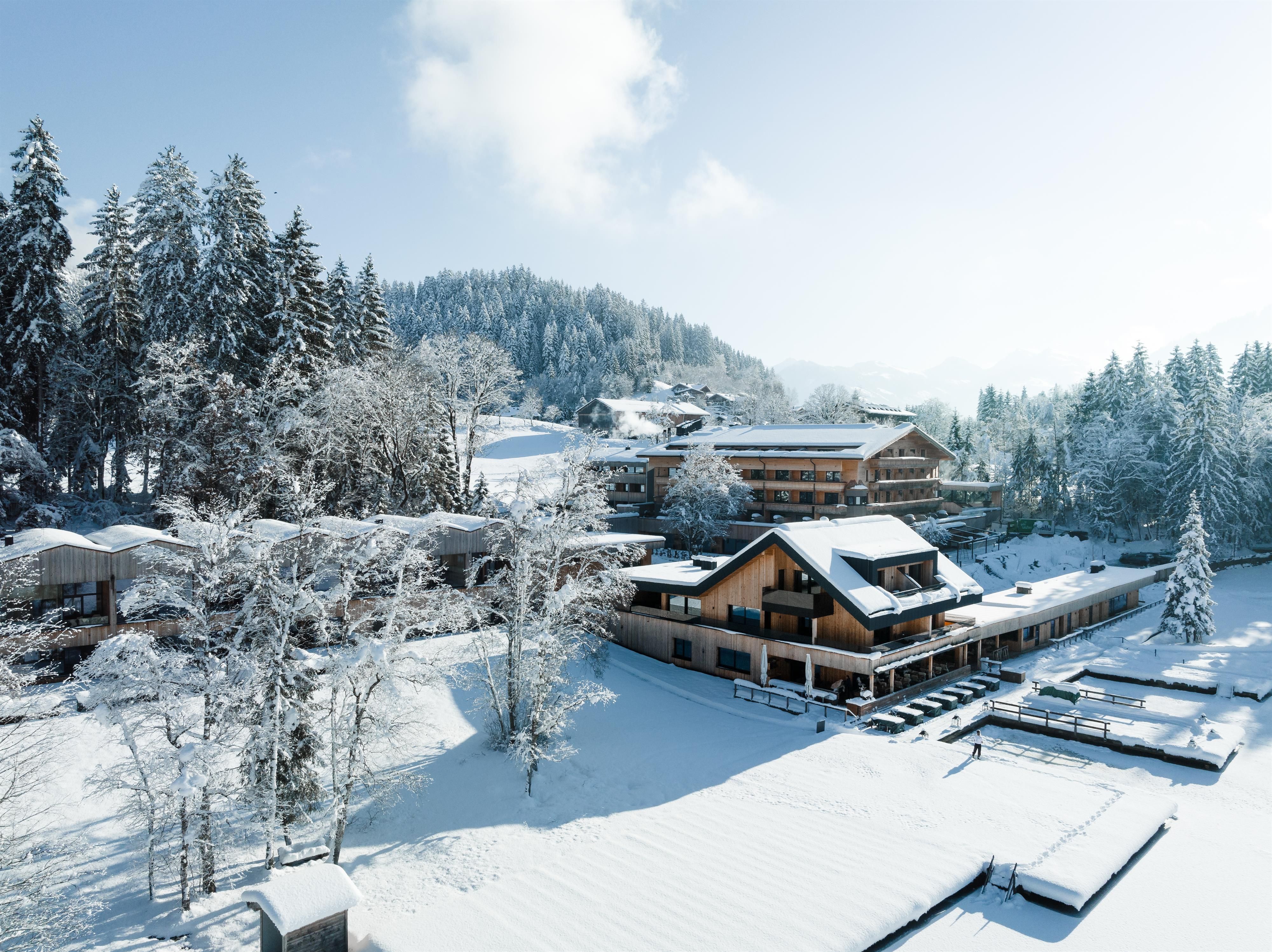 A picturesque winter village with snow-covered mountains and tranquil forests. The buildings are situated amid an idyllic snowy landscape.
