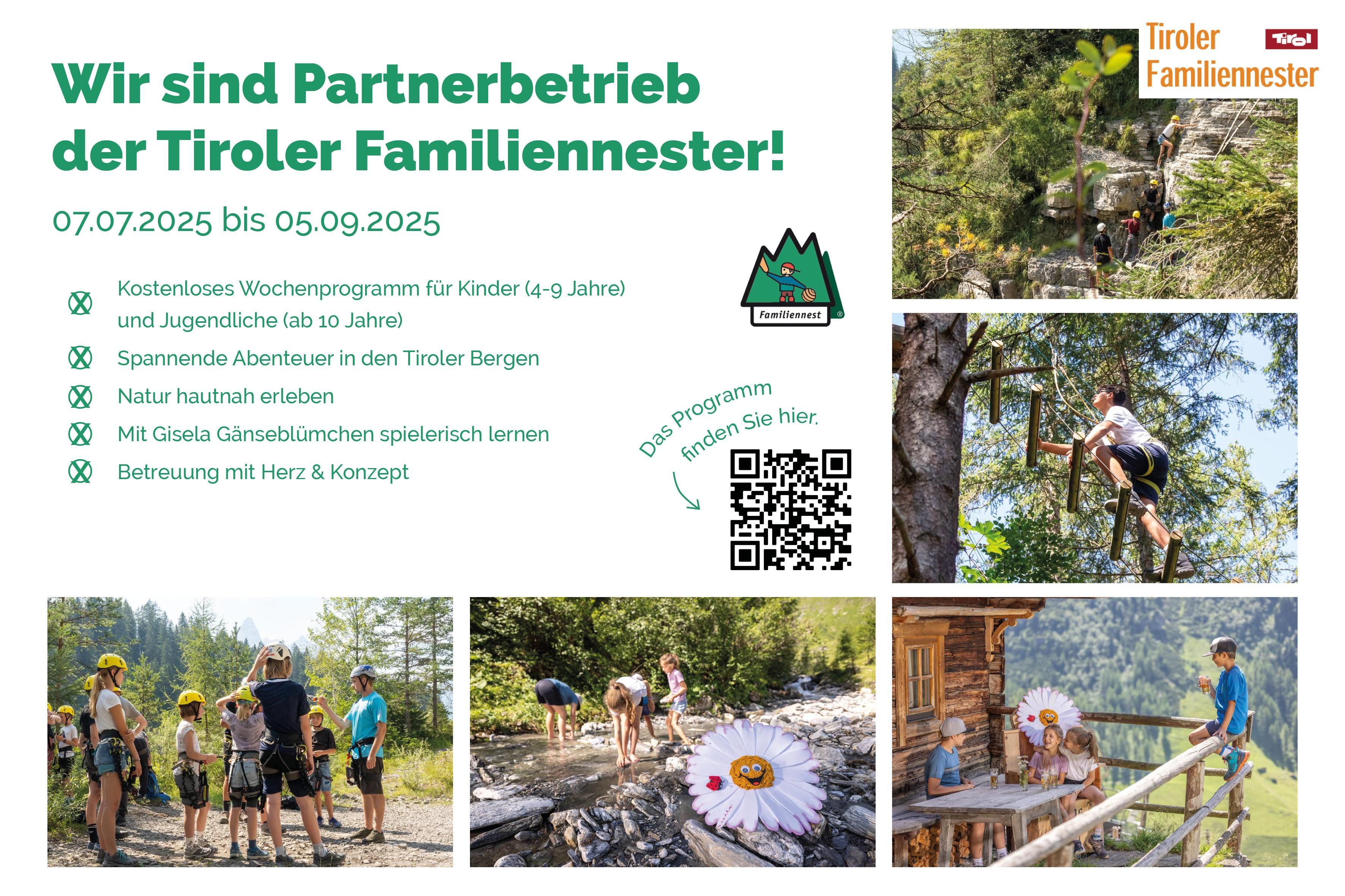 An attractive poster promoting the partnership with the Tiroler Familiennest. It shows children and teenagers engaging in activities in nature, such as climbing and outdoor adventures.